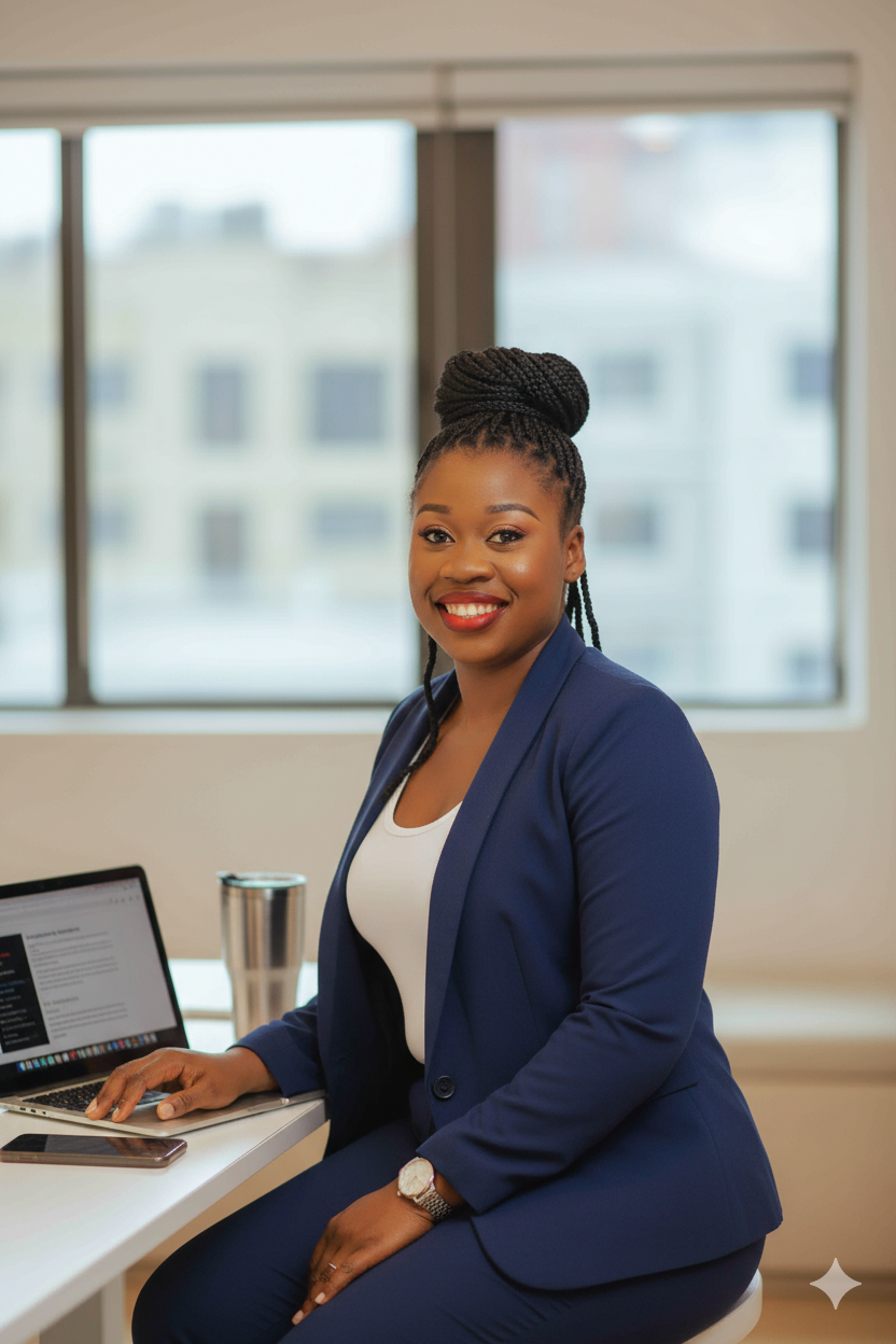 Stephanie Cole Brown, confidence coach, in a navy blazer at her desk